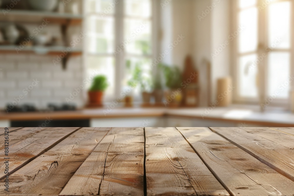 Empty wooden tabletop with blurred kitchen background, Kitchen template Series Empty wooden tabletop with blurred kitchen background, Kitchen template Series