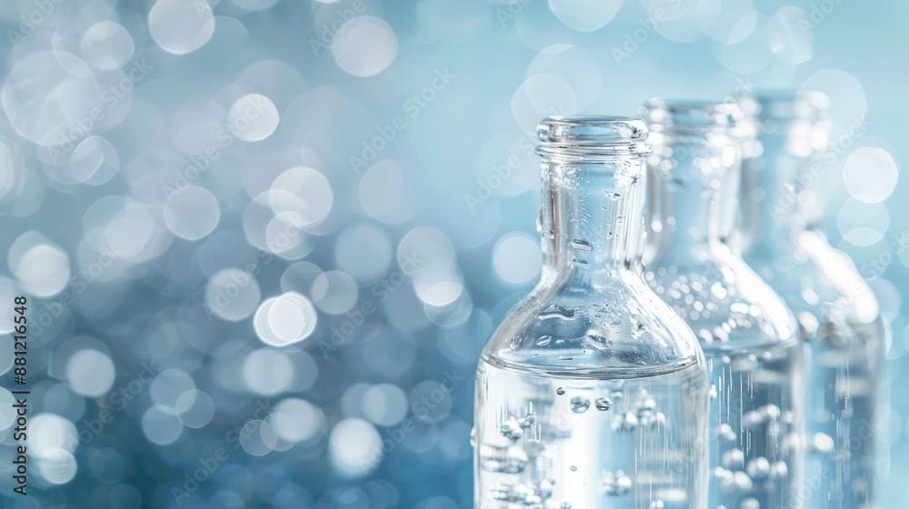 Close Up Of Glass Bottles Filled With Clear Liquid Against Blue Bokeh Background Close Up Of Glass Bottles Filled With Clear Liquid Against Blue Bokeh Background