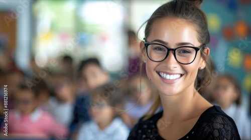 Beautiful young female teacher in glasses smiling and looking into camera at elementary school with children at the blurred background