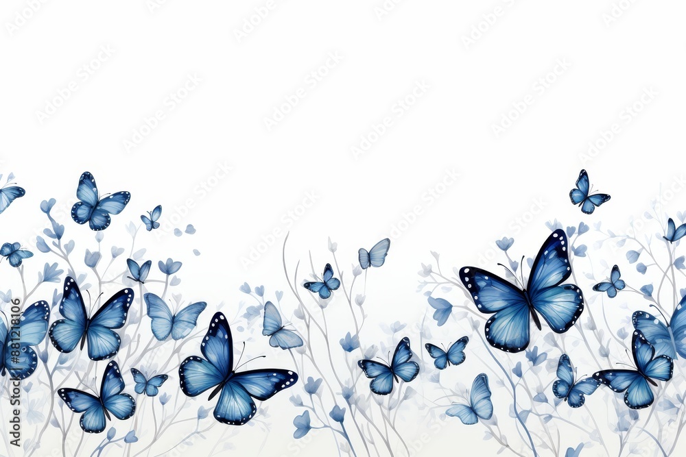 Artistic concept of spring with blue flowers and butterflies in a natural setting Artistic concept of spring with blue flowers and butterflies in a natural setting
