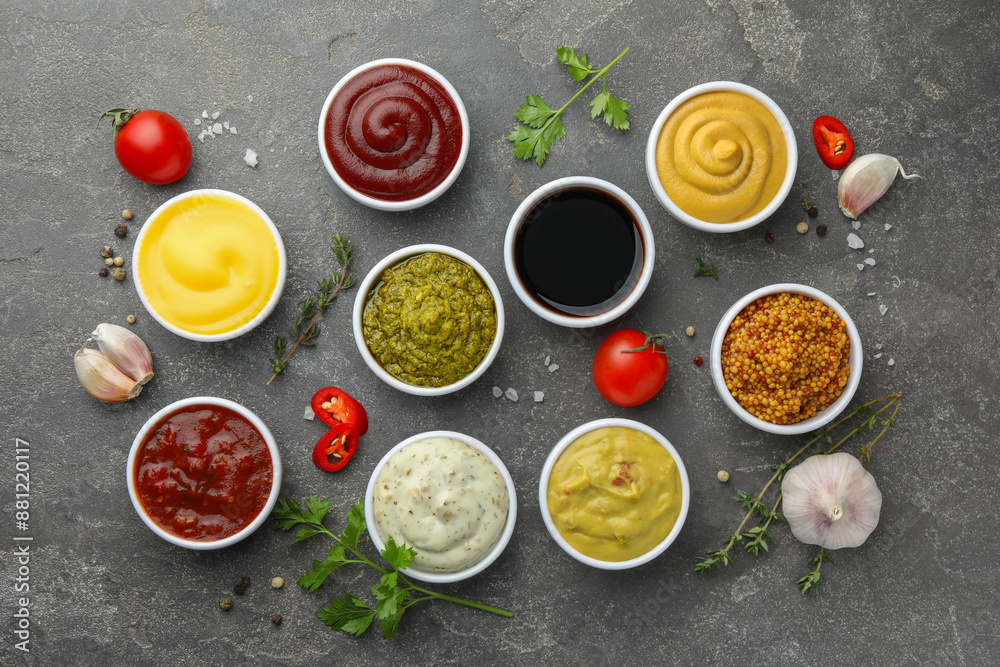 Many different sauces and spices on grey table, flat lay Many different sauces and spices on grey table, flat lay