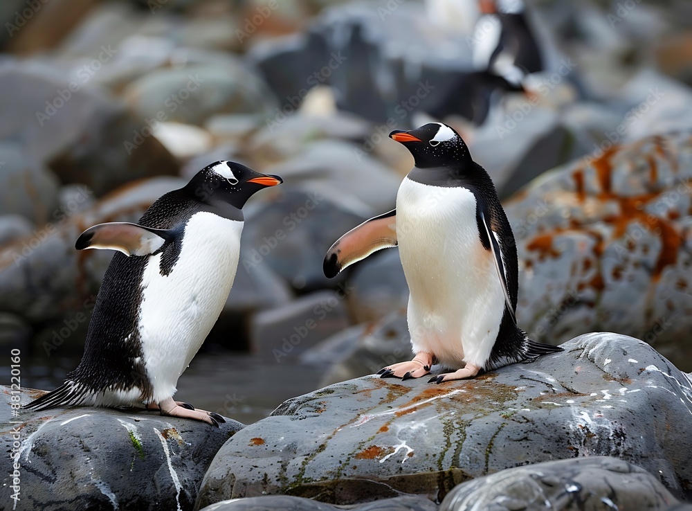 Fototapeta premium Penguins doing funny poses on rocks in Antarctica