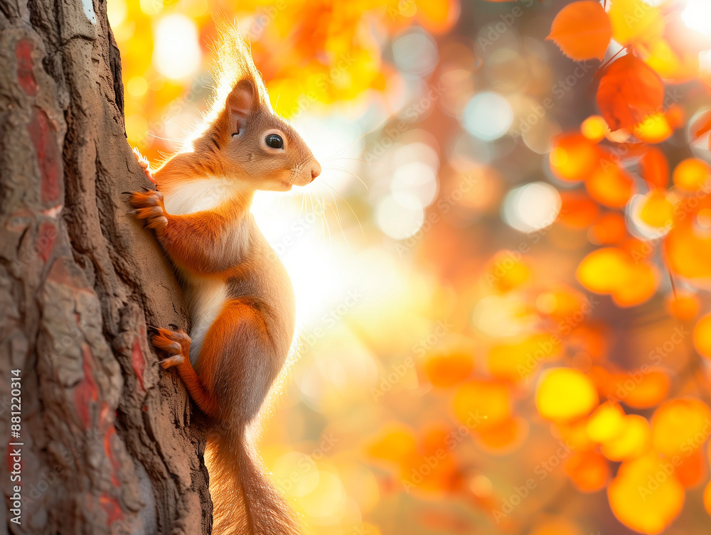 Squirrel Climbing Tree in Autumn Forest. Squirrel Climbing Tree in Autumn Forest.