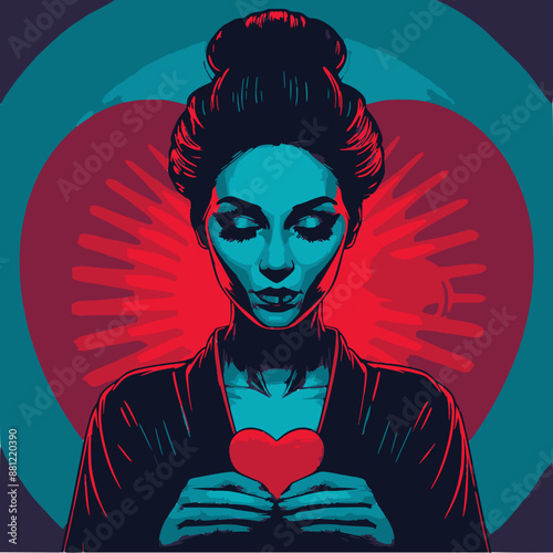 A woman gracefully holds a glowing heart, symbolizing love and dedication. Her tranquil expression and elegant posture embody deep emotional and spiritual connection.