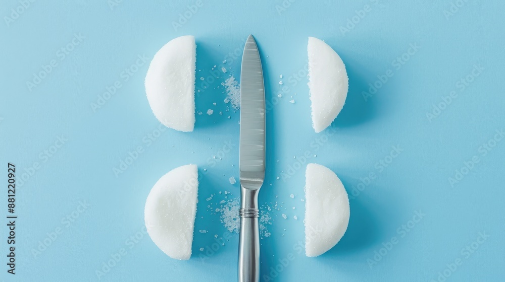Knife Among Two Half moon Marshmallows on Blue Background Knife Among Two Half moon Marshmallows on Blue Background