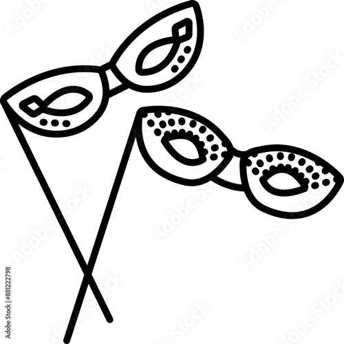 Two crossed masquerade masks with sticks, vector black line illustration, editable stroke