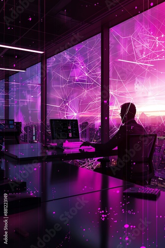 Modern office where a business person tests AI-driven cyber protection tools, bright magenta elements,