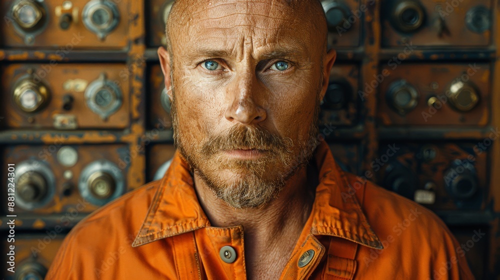 He is standing in front of a wall with a lot of small drawers wearing an orange jumpsuit and looking serious. He is standing in front of a wall with a lot of small drawers wearing an orange jumpsuit and looking serious.
