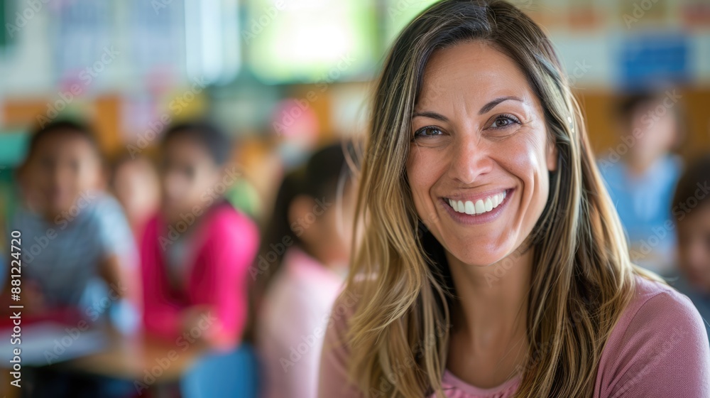 Pretty female teacher smiling and looking into camera at elementary school with children at the blurred background