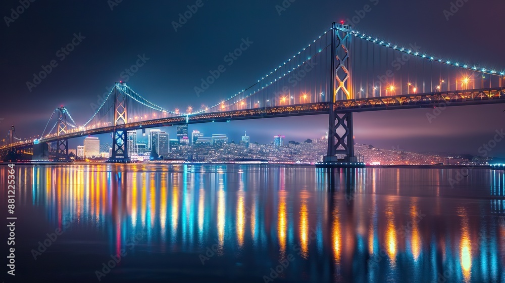 Fototapeta premium Low angle view of illuminated bridge at night. AI generated illustration