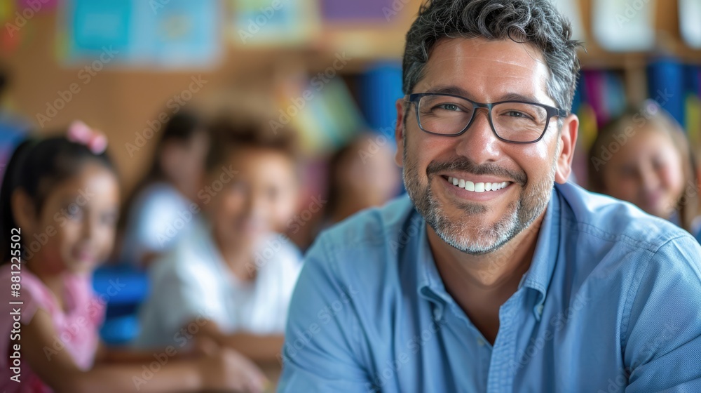Handsome male teacher in glasses smiling and looking into camera at elementary school with children at the blurred background Handsome male teacher in glasses smiling and looking into camera at elementary school with children at the blurred background