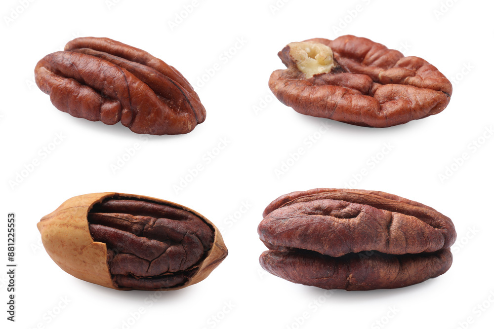Many pecan nuts isolated on white, set Many pecan nuts isolated on white, set