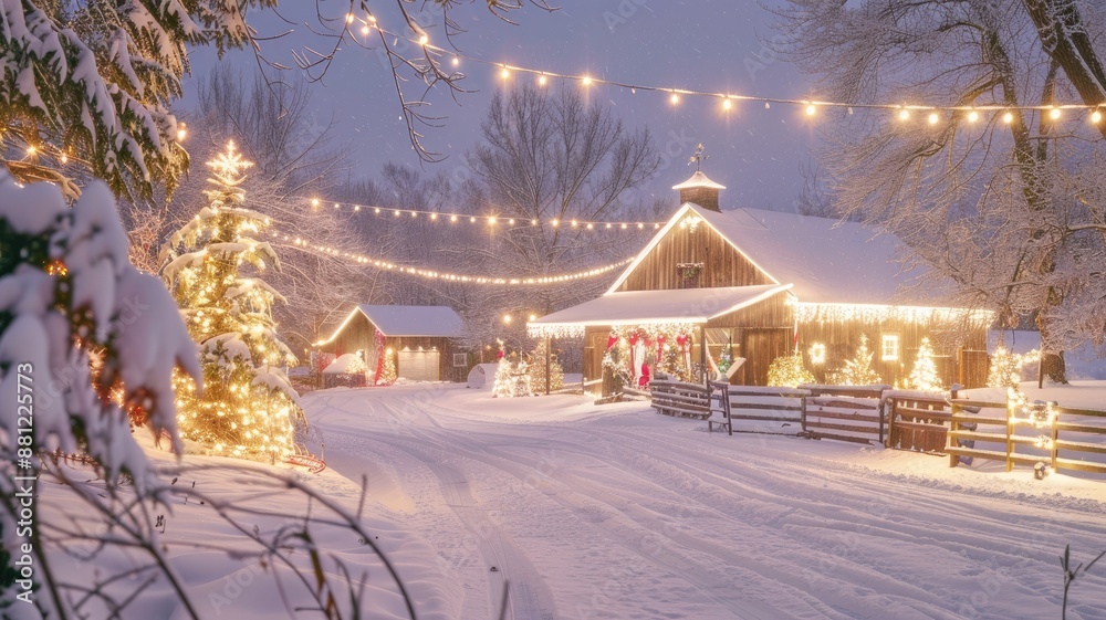 Snow-covered farm decorated with Christmas lights, snow-laden trees, and festive ambiance at night Snow-covered farm decorated with Christmas lights, snow-laden trees, and festive ambiance at night