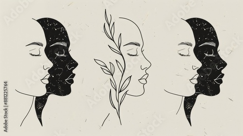 Elegant Line Drawing of Woman with Lavender - Stock Illustration