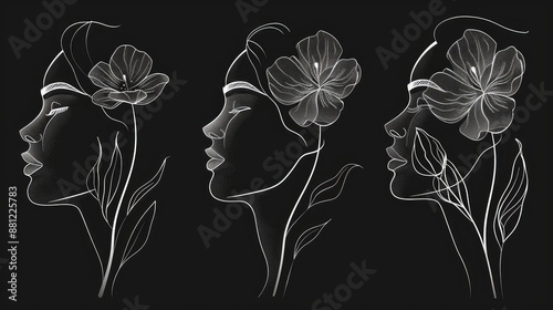 Elegant Line Drawing of Woman with Lavender - Stock Illustration