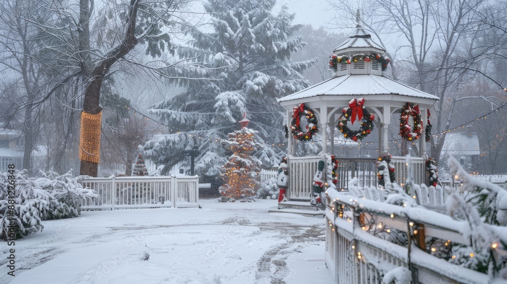 Naklejka premium Snow-covered gazebo with festive decorations and lights in winter landscape