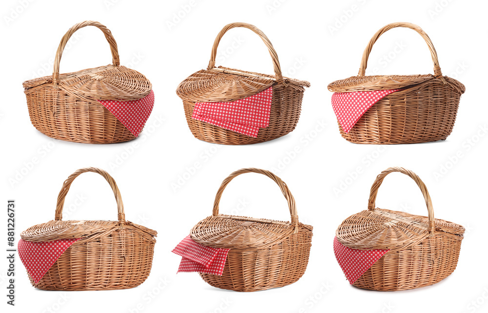 Wicker rattan basket for picnic isolated on white, collage Wicker rattan basket for picnic isolated on white, collage