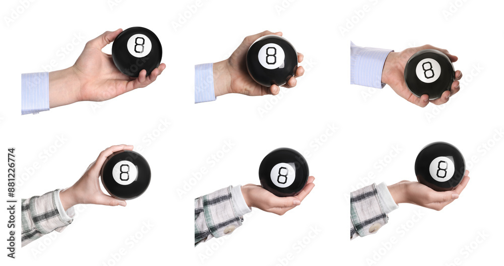 People holding magic eight balls isolated on white, closeup. Collection of photos People holding magic eight balls isolated on white, closeup. Collection of photos