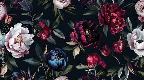 Seamless pattern with dark blue, teal and burgundy peonies, pink tulips and green leaves on a black background