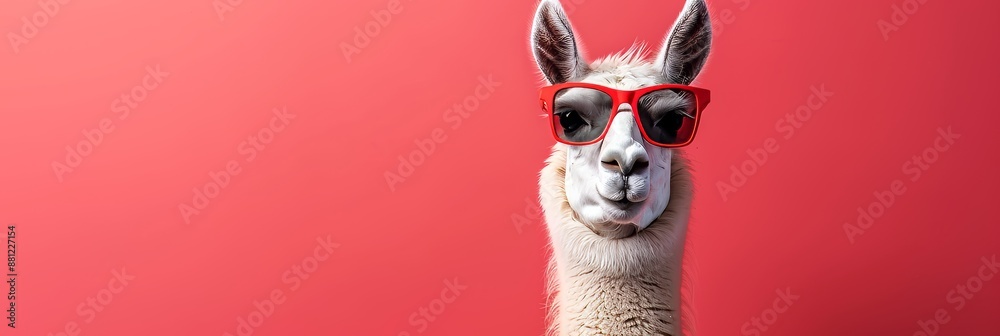 With a pink and blue background, a llama wears sunglasses. With a pink and blue background, a llama wears sunglasses.