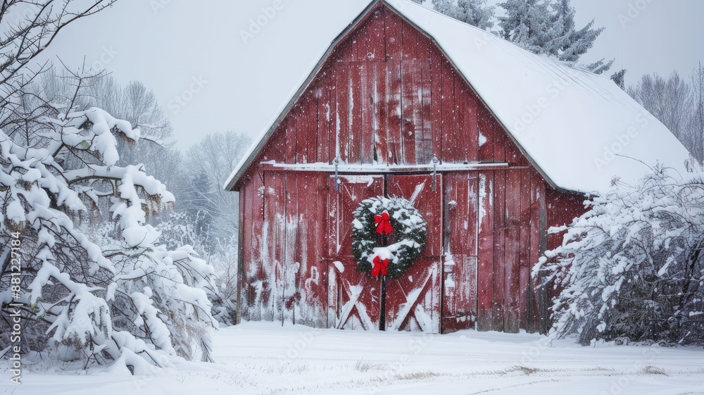 Red barn with snow and decorative wreath in winter scene Red barn with snow and decorative wreath in winter scene