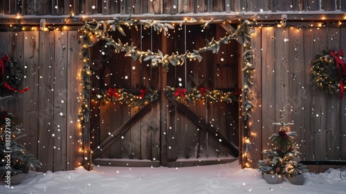 Wooden barn adorned with holiday lights and wreaths, snow falling gently