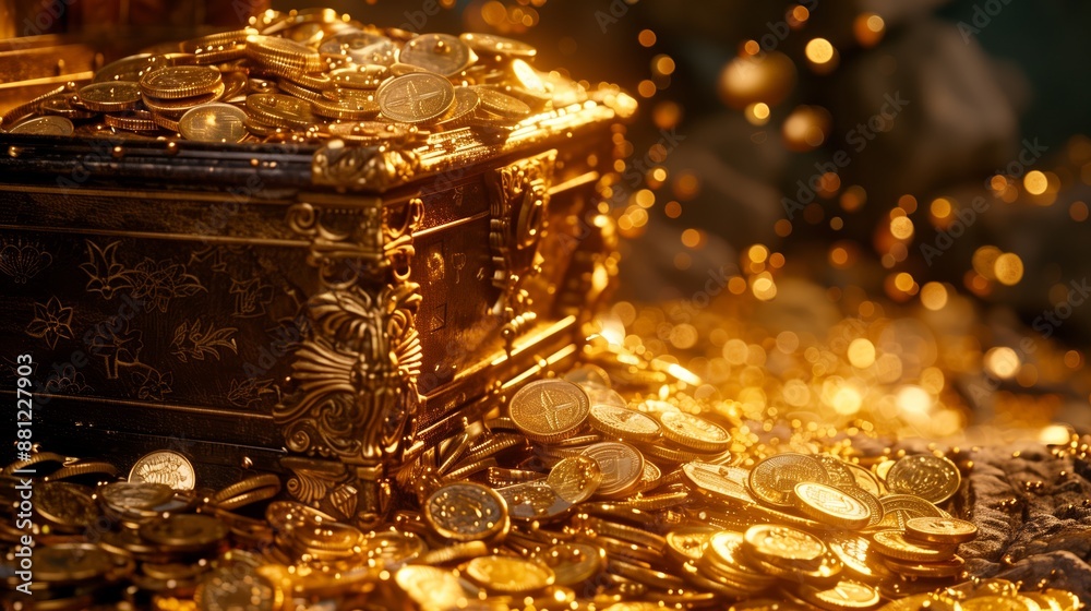 Gold coins overflowing from a treasure chest Gold coins overflowing from a treasure chest