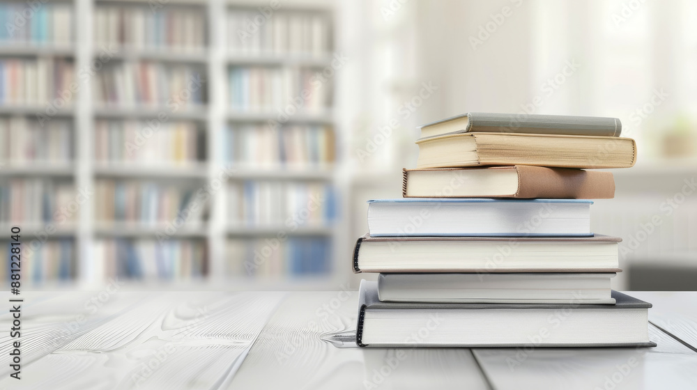 Books for different tastes and interests, like romance, crime, and history, are stacked on a blurred white background. Books for different tastes and interests, like romance, crime, and history, are stacked on a blurred white background.