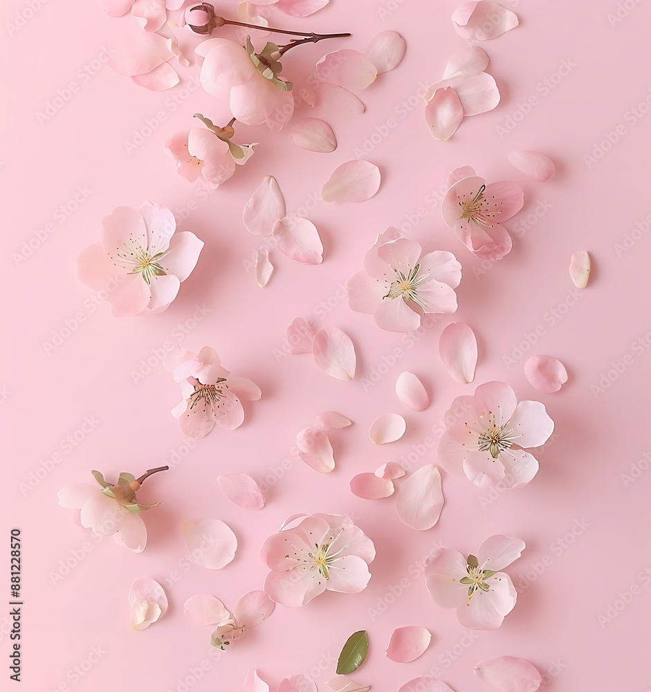 stock photo, flying quince flowers and petals on pastel pink background, minimalistic style, simple composition, stock photo, flying quince flowers and petals on pastel pink background, minimalistic style, simple composition,