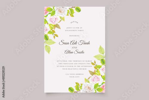 floral ornament with border and frame roses invitation card design