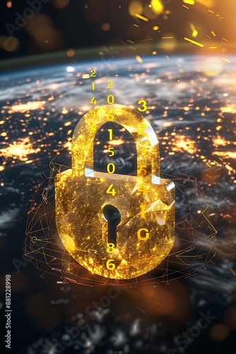 Online security lock with floating alphanumeric characters, symbolizing global protection, bright yellow accents,