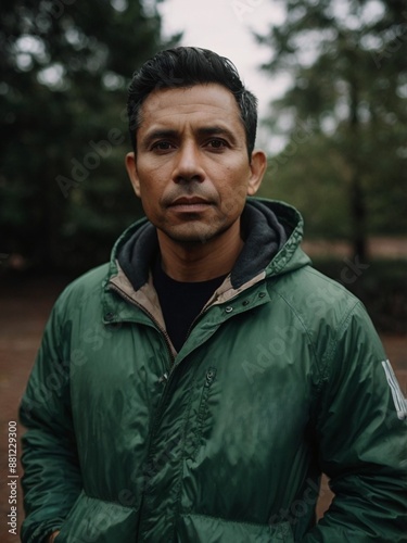 Portrait of a dark-haired man in a green jacket with a hood