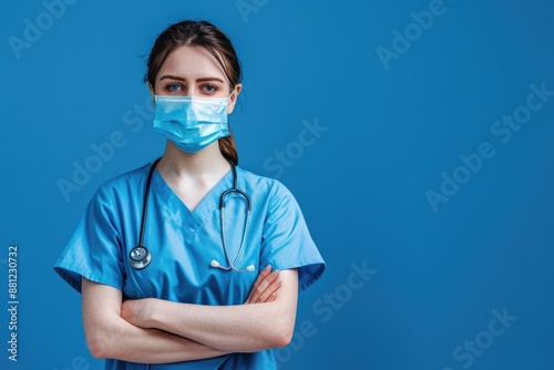 A woman in a blue scrub suit holding a stethoscope on her face, likely a medical professional