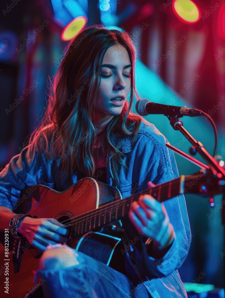 Obraz premium A woman plays guitar and sings into a microphone, simple and intimate performance