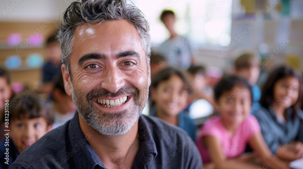 Handsome male teacher smiling and looking into camera at elementary school with children at the blurred background Handsome male teacher smiling and looking into camera at elementary school with children at the blurred background