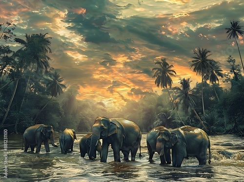 The Sri corporations group of elephants in the river at sunset photo