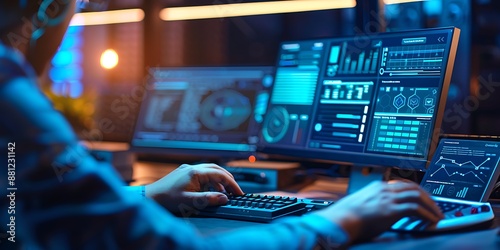 Sophisticated office setup where a business person configures cyber threat detection systems, vibrant blue hues,
