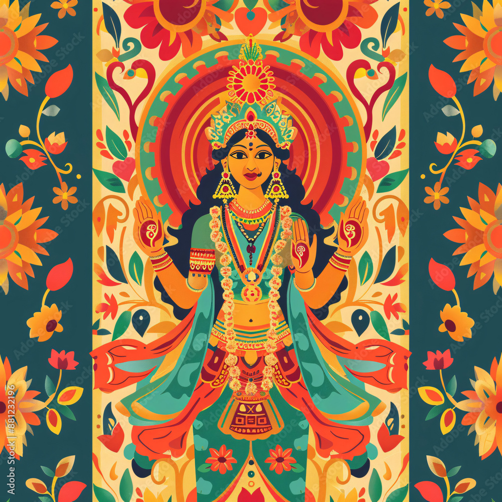 Durga Puja themed banner texture with hindu goddess Colorful Indian Illustration. Durga Puja themed banner texture with hindu goddess Colorful Indian Illustration.