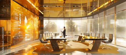 An ultramodern conference room where a business person presents cyber defense strategies, featuring striking gold hues,