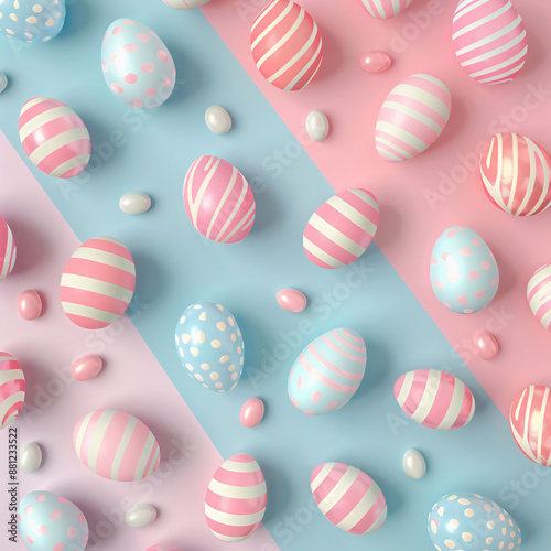 Top Down Table Shot of Colorful Easter Eggs in Pink and Light Pastell Tones with Copy Space Banner Photography.