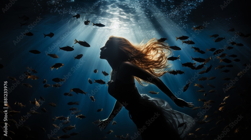 Obraz premium Swimmer surrounded by sharks in an underwater silhouette shot with circling movement