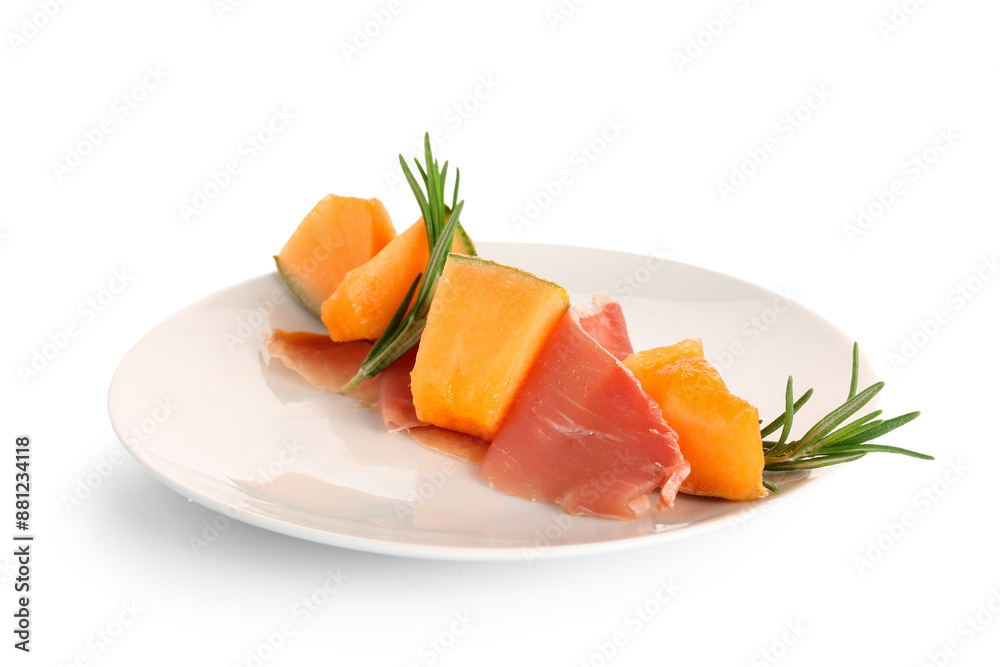 Plate of delicious melon with prosciutto and rosemary on white background Plate of delicious melon with prosciutto and rosemary on white background
