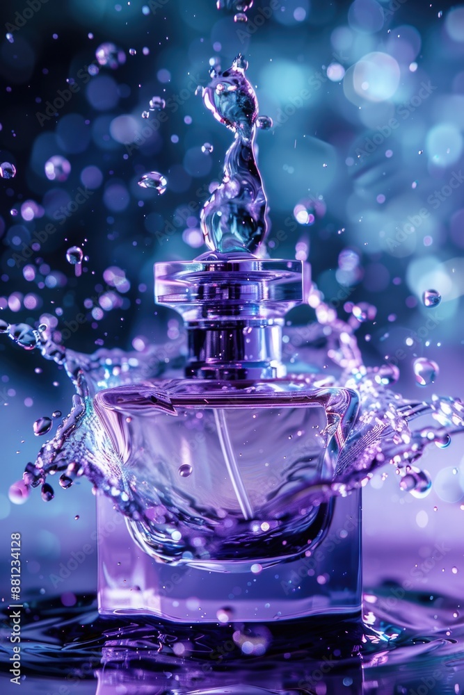 A bottle of perfume with a splash of water on the surface A bottle of perfume with a splash of water on the surface