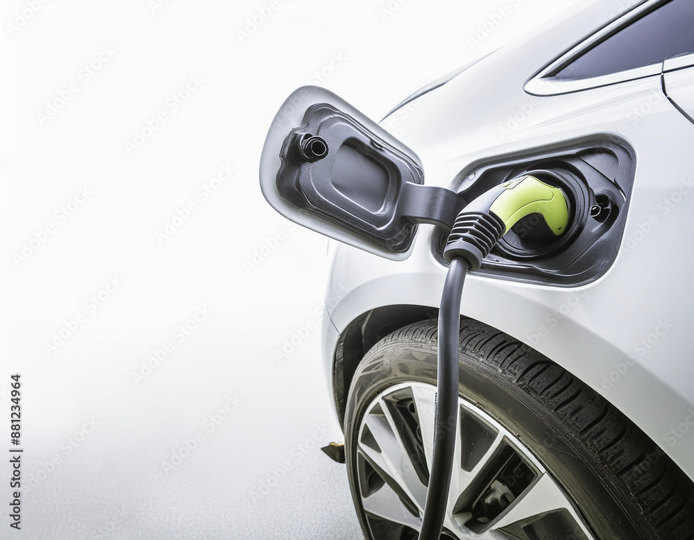 Obraz premium Electric Car is charging battery. Environmentally friendly car. Green energy and environmental sustaibale photo concept