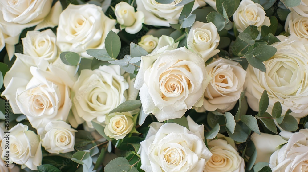 Stunning arrangement of white roses with green foliage on a simple backdrop ideal for any event Stunning arrangement of white roses with green foliage on a simple backdrop ideal for any event