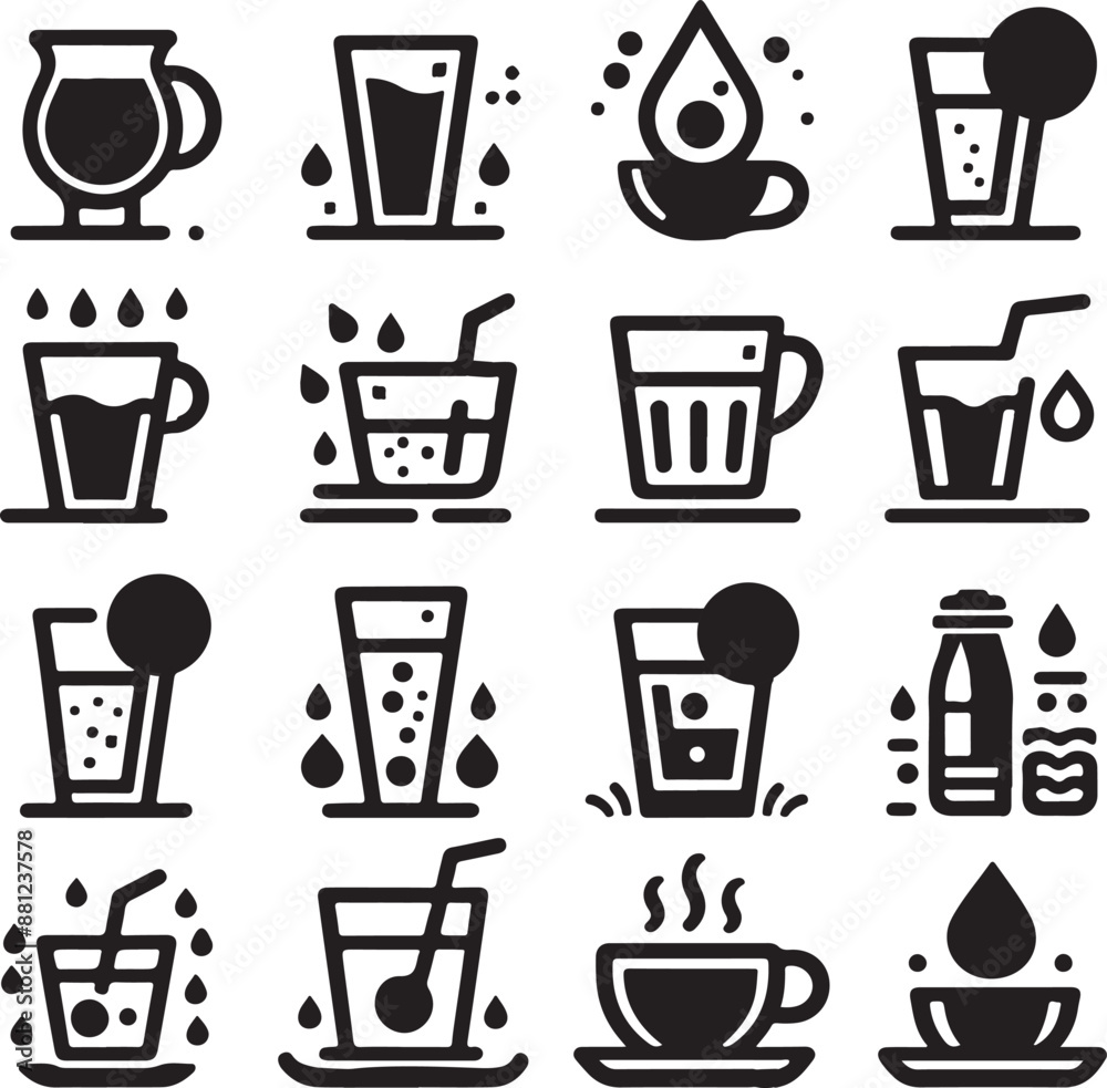 Drinking water drops glass icon set. Water glass or cup water icon symbol. Glass of drink water symbol in the restaurant or cafe, vector illustration