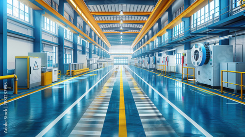 Bright, high-tech industrial factory interior with blue and yellow colors, featuring advanced machinery and spacious layout.