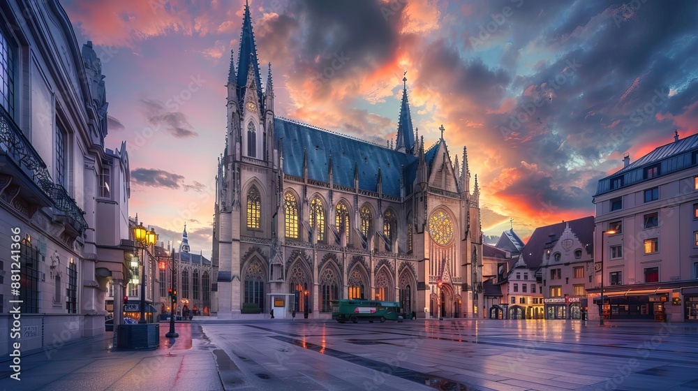 View on entrance to the Cathedral in the evening. AI generated illustration View on entrance to the Cathedral in the evening. AI generated illustration