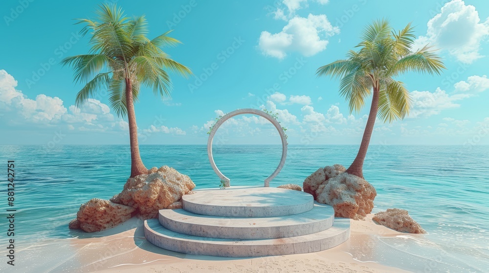 Obraz premium An image showing a podium with palm trees on a beach in 3D