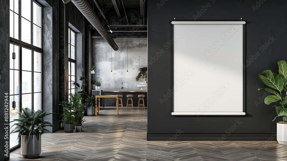 Dark gray office lobby with a concrete floor, loft windows and a glass wall. There is a large vertical poster and a meeting room. 3d rendering mock up. AI generated illustration Dark gray office lobby with a concrete floor, loft windows and a glass wall. There is a large vertical poster and a meeting room. 3d rendering mock up. AI generated illustration